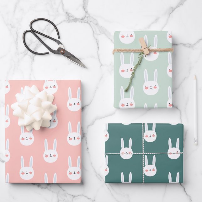 Cute Colourful Bunny White Rabbit Pastel Colour Wrapping Paper Sheet (Front)