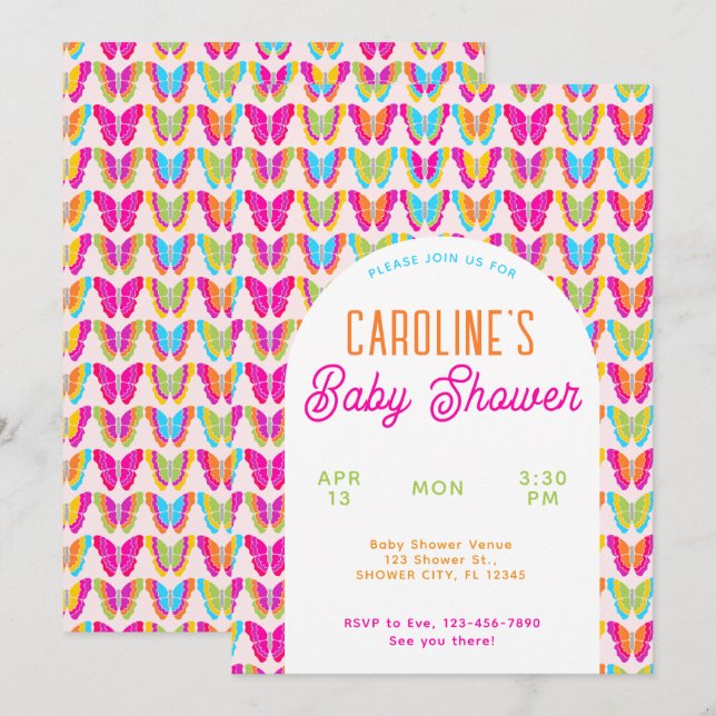 Cute Colourful Butterflies Arch Girl Baby Shower Invitation (Front/Back)