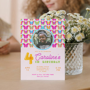 Cute Colourful Butterflies Girl 4th Birthday Party Invitation