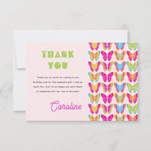 Cute Colourful Butterflies Girl 4th Birthday Party Thank You Card (Front)