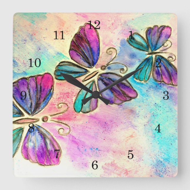 Cute Colourful Butterflies Square Wall Clock (Front)