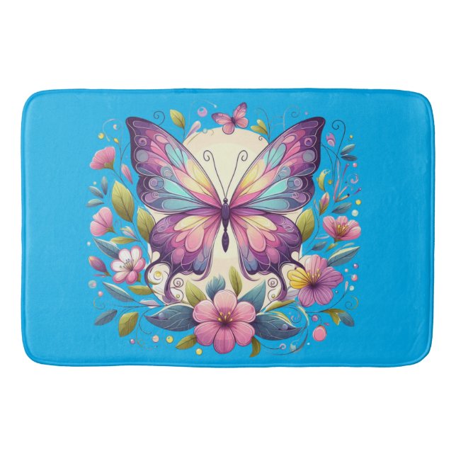 Cute, colourful butterfly  bath mat (Front)