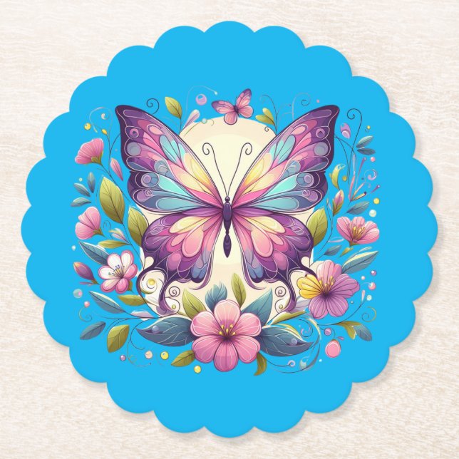 Cute, colourful butterfly  paper coaster (Front)