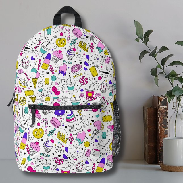 Cute Colourful Candy Sweet Pattern Printed Backpack (Trendy Cute Colorful Candy Sweets Desserts Pattern Printed Backpack)