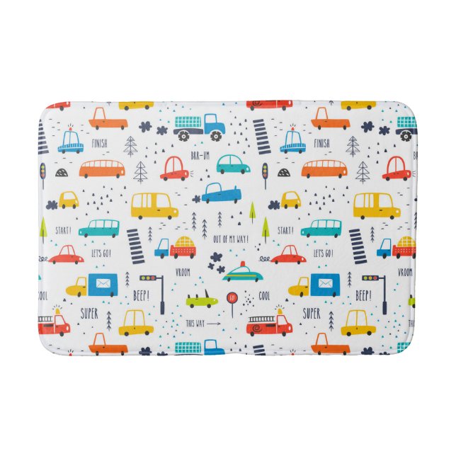 Cute Colourful Car Traffic Pattern Bath Mat (Front)