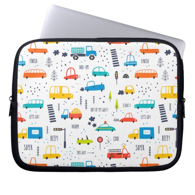 Cute Colourful Car Traffic Pattern Laptop Sleeve (Front)