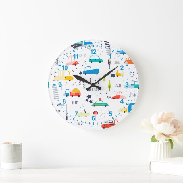 Cute Colourful Car Traffic Pattern Large Clock (Home)