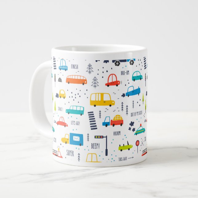 Cute Colourful Car Traffic Pattern Large Coffee Mug (Front Left)