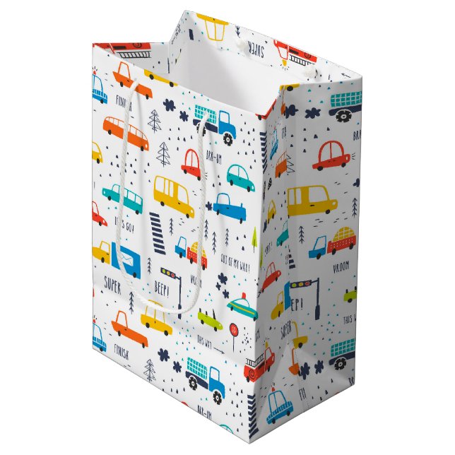 Cute Colourful Car Traffic Pattern Medium Gift Bag (Front Angled)