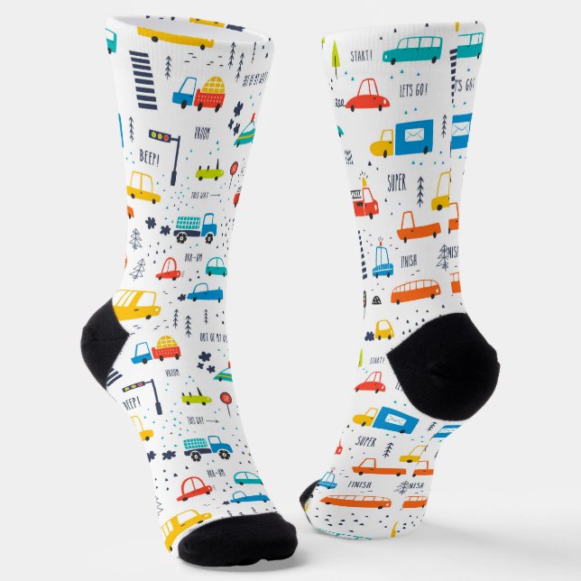 Cute Colourful Car Traffic Pattern Socks (Angled)