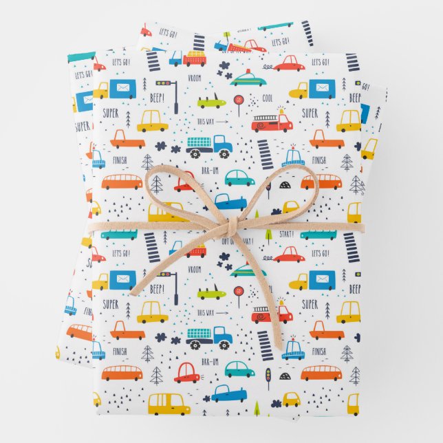 Cute Colourful Car Traffic Pattern Wrapping Paper Sheet (In situ)