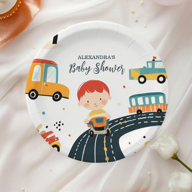 Cute Colourful Cars Boy Baby Shower Paper Plate (Creator Uploaded)