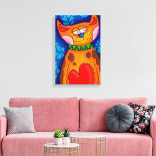 Cute Colourful Cartoon Cat Big Heart Canvas Print