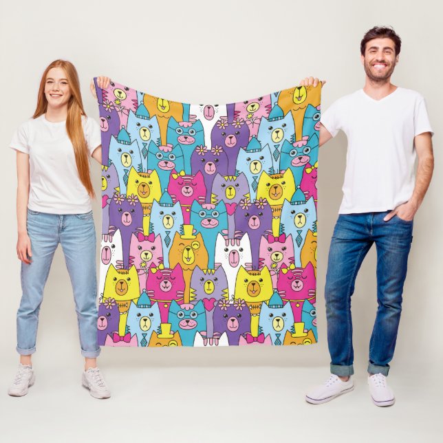 Cute Colourful Cartoon Cats Pattern Fleece Blanket (In Situ)