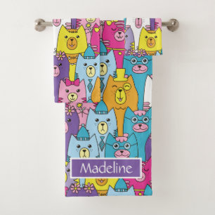Cute Colourful Cartoon Cats Pattern Personalised Bath Towel Set