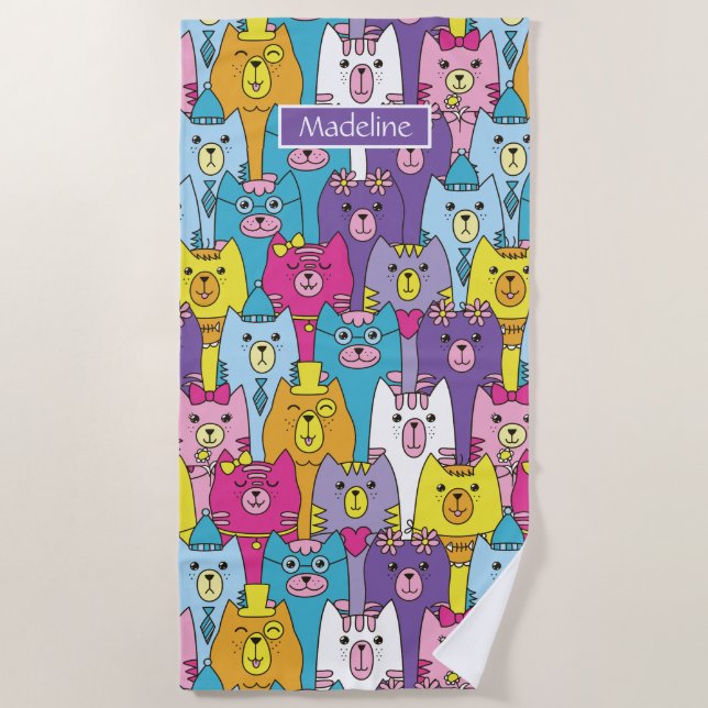 Cute Colourful Cartoon Cats Pattern Personalised Beach Towel (Front)