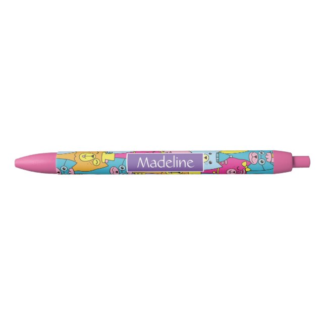 Cute Colourful Cartoon Cats Pattern Personalised Black Ink Pen (Front)