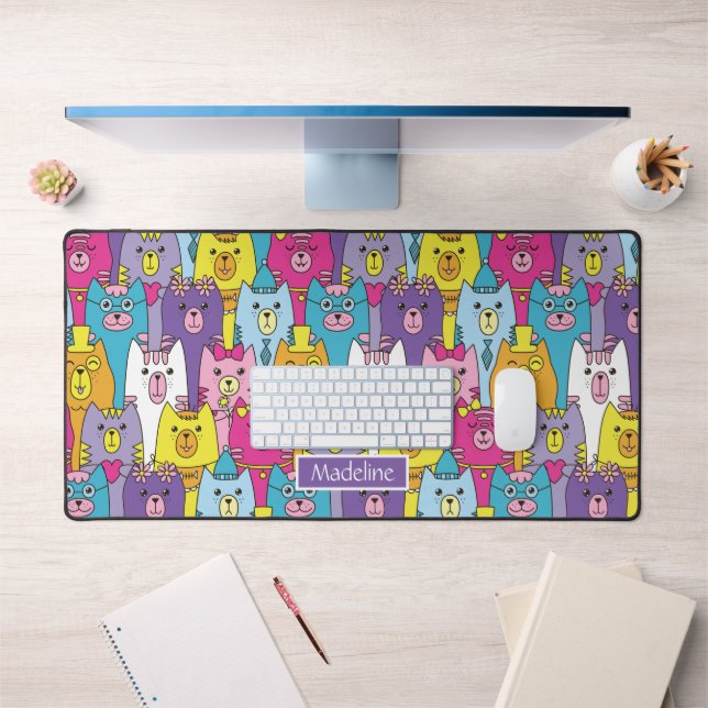 Cute Colourful Cartoon Cats Pattern Personalised Desk Mat (Office 1)