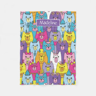 Cute Colourful Cartoon Cats Pattern Personalised Fleece Blanket