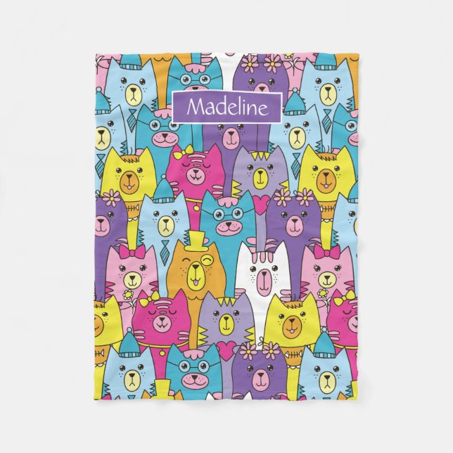 Cute Colourful Cartoon Cats Pattern Personalised Fleece Blanket (Front)
