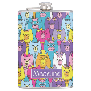 Cute Colourful Cartoon Cats Pattern Personalised Hip Flask
