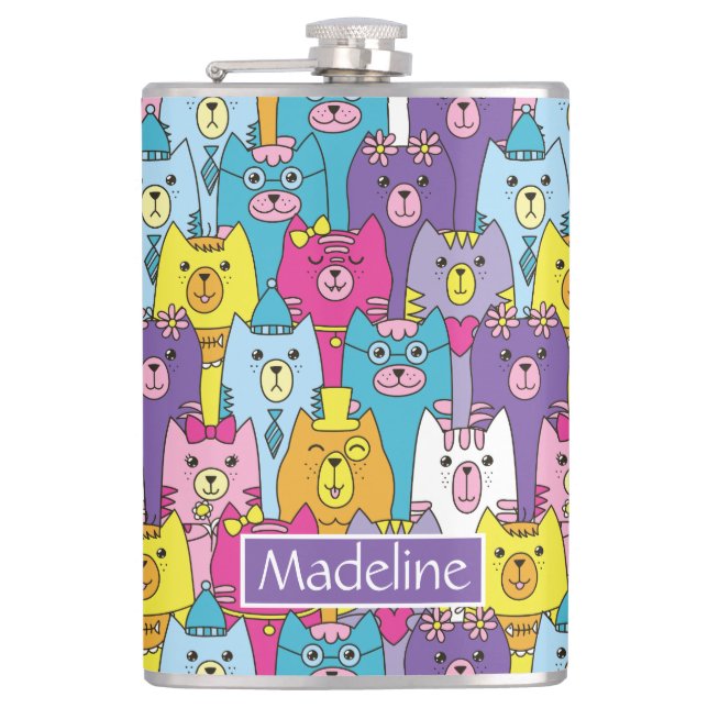 Cute Colourful Cartoon Cats Pattern Personalised Hip Flask (Front)