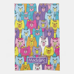 Cute Colourful Cartoon Cats Pattern Personalised Tea Towel
