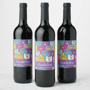 Cute Colourful Cartoon Cats Pattern Personalised Wine Label