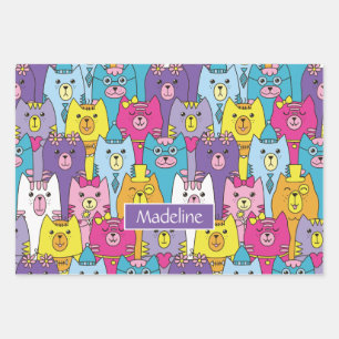 Cute Colourful Cartoon Cats Pattern Personalised Wrapping Paper Sheet