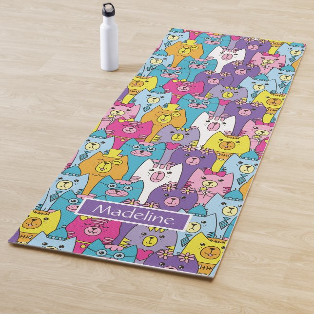 Cute Colourful Cartoon Cats Pattern Personalised Yoga Mat (In Situ)