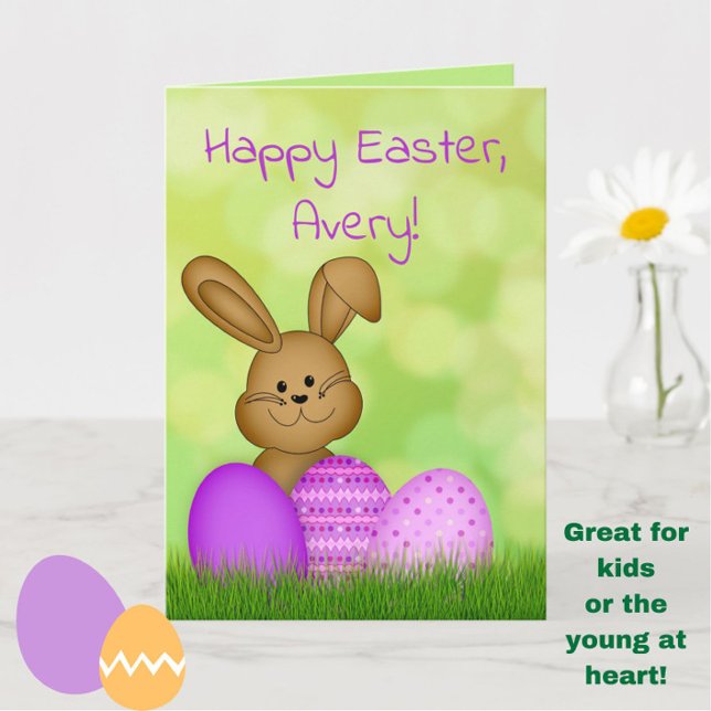 Cute Colourful Cartoon Easter Bunny Kids Card (Personalize with a name for an extra sweet Easter touch!)