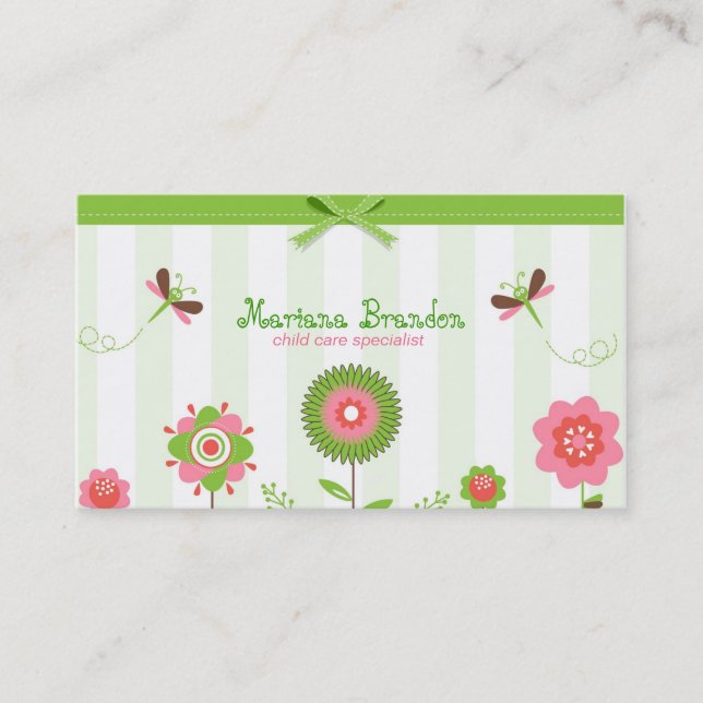 Cute Colourful Cartoon Flowers & Butterfly's Business Card (Front)