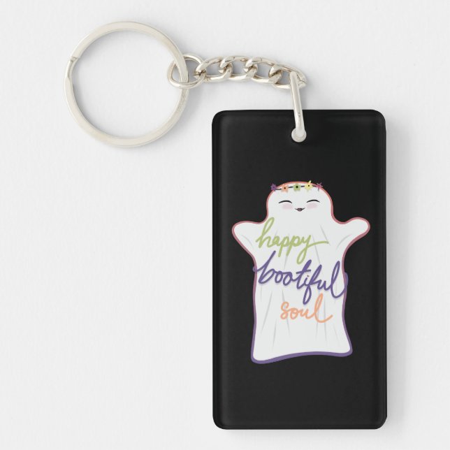 Cute Colourful Cartoon Ghost with Text Key Ring (Front)