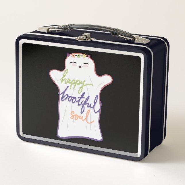 Cute Colourful Cartoon Ghost with Text Metal Lunch Box (Front)