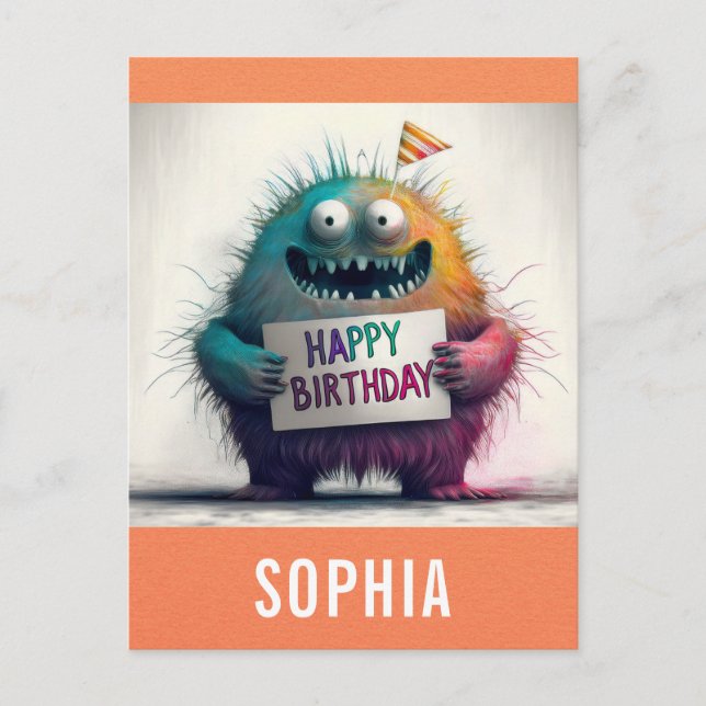 Cute Colourful Cartoon Monster Happy Birthday Postcard (Front)