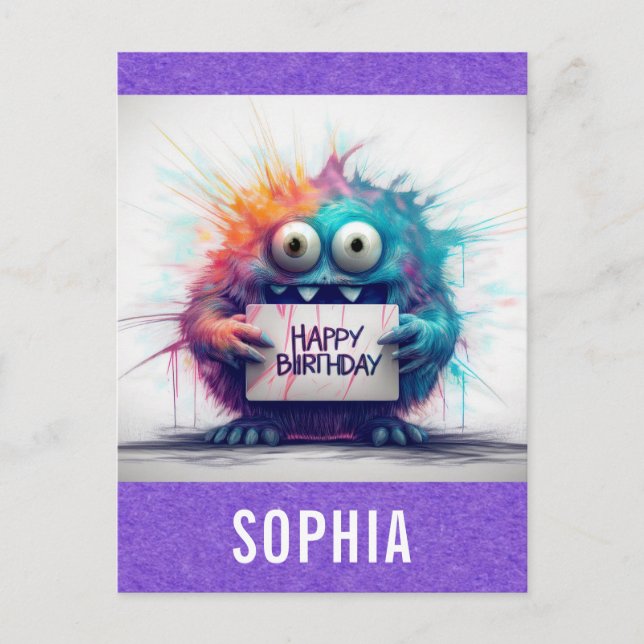 Cute Colourful Cartoon Monster Happy Birthday Postcard (Front)