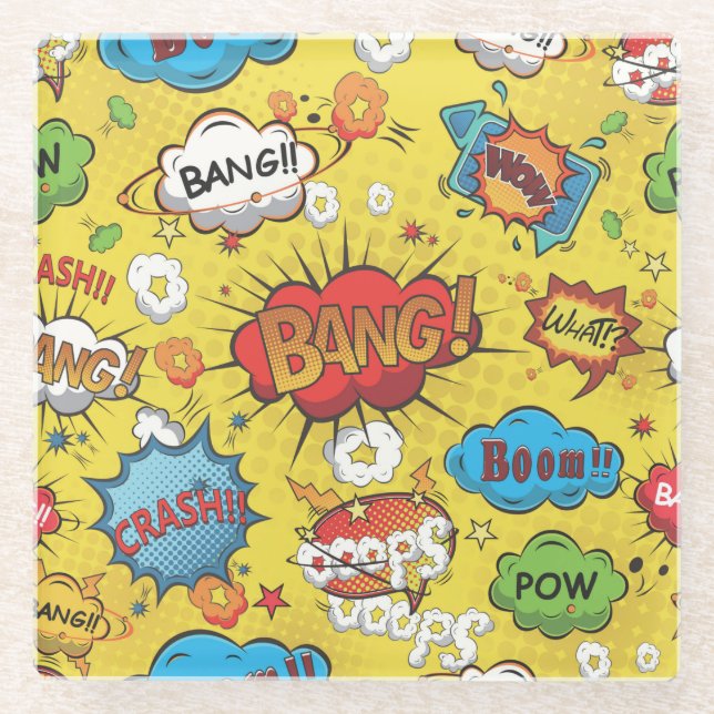 Cute Colourful Cartoon Speech Bubbles Glass Coaster (Front)