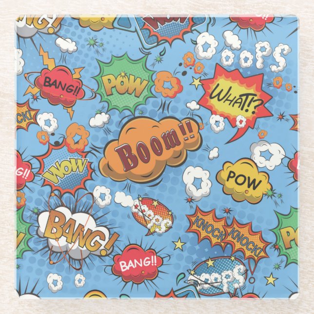 Cute Colourful Cartoon Speech Bubbles Glass Coaster (Front)