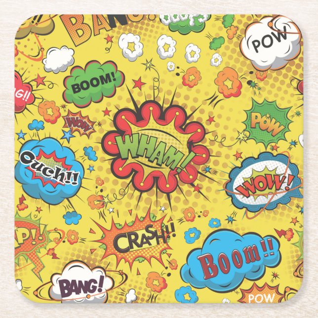 Cute Colourful Cartoon Speech Bubbles Square Paper Coaster (Front)