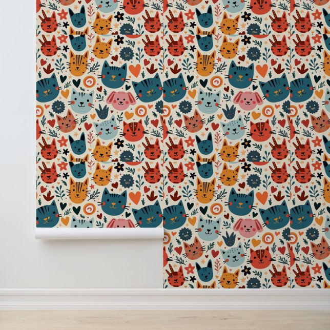 Cute Colourful Cat and Dog Pattern Illustration Wallpaper (Application)