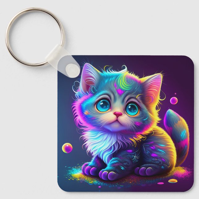 Cute Colourful Cat Digital Artwork-79827 Key Ring (Front)