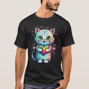 Cute Colourful Cat Hugging Heart Art Kitty Love Ca T-Shirt