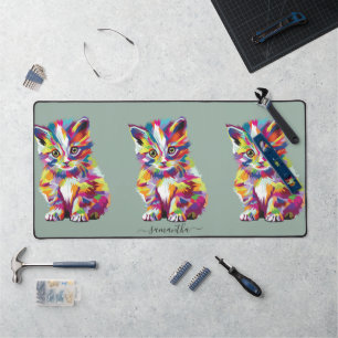 Cute colourful cat illustration on sage green desk mat