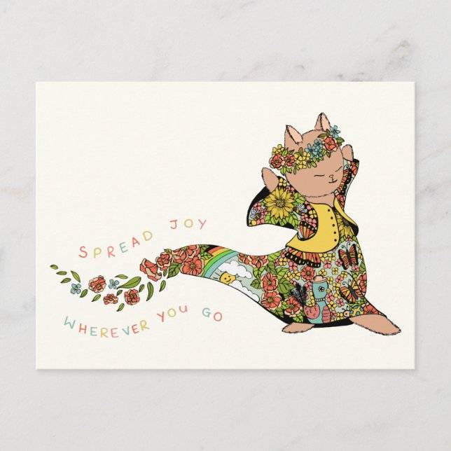 Cute Colourful Cat Spread Joy Quote Floral Farewel Postcard (Front)