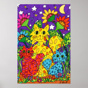 Cute Colourful Cats Garden Flowers Moon Drawing Poster