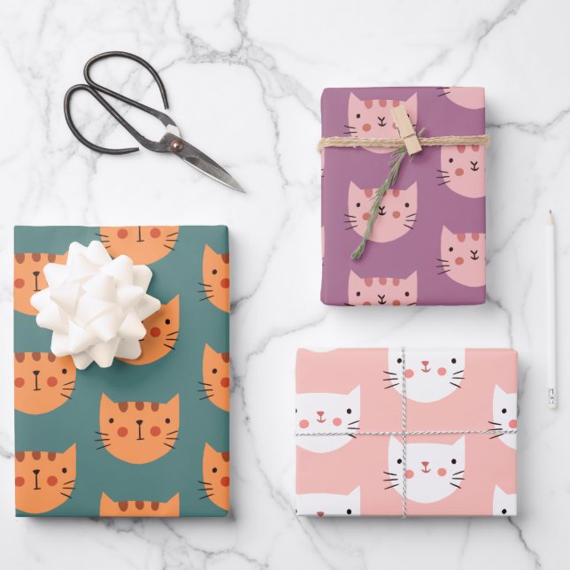 Cute Colourful Cats Pastel Minimal  Wrapping Paper Sheet (Front)