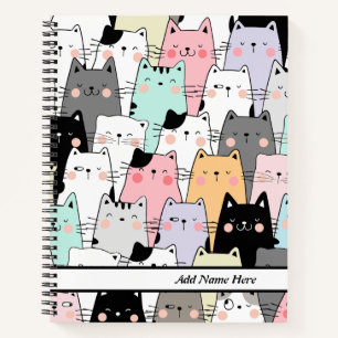 Cute Colourful Cats Pattern Customisable Name Notebook