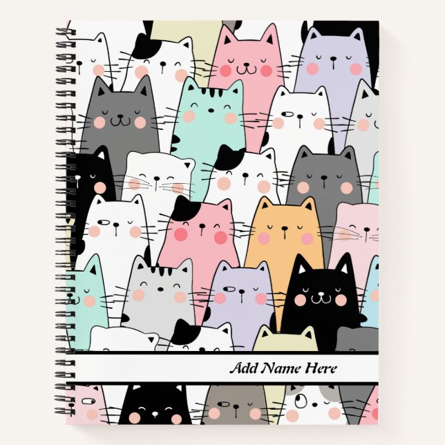 Cute Colourful Cats Pattern Customisable Name  Notebook (Front)