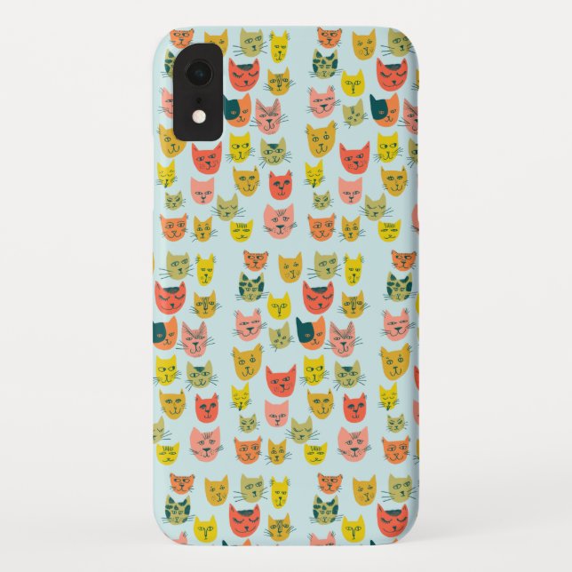 Cute colourful cats pattern on blue Case-Mate iPhone case (Back)