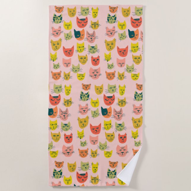 Cute colourful cats pattern on pink beach towel (Front)